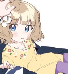 Rule 34 | 1girl, absurdres, ahoge, blue eyes, blue necktie, blunt bangs, blush, dot nose, feet out of frame, floral print, flower, frilled sleeves, frills, from above, from side, hair flower, hair ornament, hand on another&#039;s head, hand up, head tilt, headpat, highres, idolmaster, idolmaster million live!, light brown hair, looking at viewer, looking to the side, looking up, meeeeeeco359, necktie, out of frame, parted lips, pov, pov hands, producer (idolmaster), purple legwear, short hair, short sleeves, sitting, sitting on lap, sitting on person, solo focus, suou momoko, tareme, wavy hair, white background, white flower