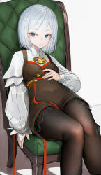 Rule 34 | 1girl, akershus fortress (oshiro project), black dress, black pantyhose, blue eyes, bob cut, chair, closed mouth, commission, dress, fine fabric emphasis, grey hair, hand on own stomach, highres, long sleeves, looking at viewer, navel, nyatabe, oshiro project:re, oshiro project:re, pantyhose, puffy long sleeves, puffy sleeves, shirt, short hair, simple background, sitting, skeb commission, solo, thighs, tsurime, white background, white shirt
