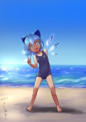 Rule 34 | 1girl, absurdres, arm behind back, artist name, bare shoulders, barefoot, beach, blue bow, blue eyes, blue hair, blue one-piece swimsuit, blue sky, blue theme, bow, breasts, cirno, ciro, collarbone, dark-skinned female, dark skin, dated, day, female focus, full body, gluteal fold, gradient sky, hair bow, hand up, happy, highres, horizon, ice, ice wings, katsura dendou, leaning to the side, legs apart, looking at viewer, matching hair/eyes, ocean, one-piece swimsuit, open mouth, outdoors, sand, short hair, sidelocks, signature, sketch, sky, small breasts, smile, solo, standing, straight-on, swimsuit, tan, tanline, tanned cirno, touhou, v, water, wings