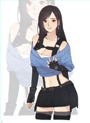 Rule 34 | 1girl, black footwear, black hair, breasts, cleavage, crop top, cropped legs, cropped sweater, final fantasy, final fantasy vii, final fantasy vii ever crisis, fingerless gloves, gloves, harness, highres, large breasts, long hair, looking at viewer, off-shoulder sweater, off shoulder, official alternate costume, pleated skirt, pudelmudel, red eyes, skirt, smile, solo, square enix, suspenders under shirt, sweater, thighhighs, tifa lockhart, tifa lockhart (metalfoot)