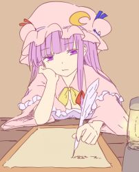 Rule 34 | 1girl, bored, bow, breasts, cleavage, crescent, crescent hair ornament, desk, dress, hair bow, hair ornament, hat, long hair, miyo (ranthath), mob cap, patchouli knowledge, purple eyes, purple hair, quill, sitting, sketch, solo, striped clothes, striped dress, touhou, writing