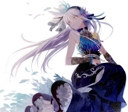 Rule 34 | 1girl, arm warmers, bang dream!, blue feathers, commentary request, dress, earrings, feather earrings, feather hair ornament, feathers, gem, gomosawa, hair between eyes, hair ornament, hairband, invisible chair, jewelry, lace, lolita hairband, long hair, looking back, minato yukina, parted lips, pearl (gemstone), petticoat, simple background, sitting, sleeveless, sleeveless dress, solo, white background, white feathers, white hair, yellow eyes, yellow feathers