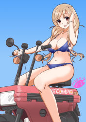 Rule 34 | 1girl, arm up, blue bra, blue panties, blush, bra, braid, breasts, cleavage, cloud hair ornament, gradient background, hair ornament, honda motocompo, kantai collection, large breasts, light brown hair, long hair, looking at viewer, minegumo (kancolle), moke ro, motor vehicle, motorcycle, navel, open mouth, panties, red eyes, sitting, smile, solo, twin braids, underwear, underwear only