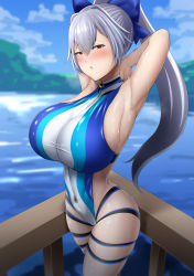 Rule 34 | 1girl, absurdres, armpits, arms behind head, arms up, bare shoulders, blue bow, blue one-piece swimsuit, blue sky, blurry, blurry background, bow, breasts, fate/grand order, fate (series), hair between eyes, hair bow, highleg, highleg swimsuit, highres, lake, large breasts, long hair, looking at viewer, one-piece swimsuit, open mouth, ponytail, red eyes, sideboob, silver hair, sirosoil, sky, solo, swimsuit, thigh strap, thighs, tomoe gozen (fate), tomoe gozen (swimsuit saber) (fate), two-tone swimsuit, water, white one-piece swimsuit