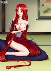 Rule 34 | 1girl, absurdres, artist name, bare shoulders, breast tattoo, breasts, cleavage, cushion, fairy tail, female focus, flare corona, hair over shoulder, highres, indoors, ishthak, japanese clothes, kimono, large breasts, long hair, looking at viewer, off shoulder, painting (object), red eyes, red hair, scar, sitting, solo, tattoo, twintails, very long hair, watermark