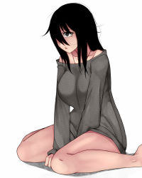 Rule 34 | 1girl, aoshima, black hair, breasts, grey eyes, hair over one eye, highres, large breasts, long hair, naked sweater, off shoulder, open mouth, original, sitting, solo, sweater, wariza