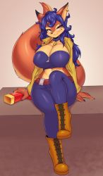Rule 34 | 1girl, animal ears, belt, boots, breasts, carmelita fox, claws, cleavage, curvy, earrings, eyelashes, female focus, fox ears, fox girl, fox tail, furry, furry female, half-closed eyes, highres, jewelry, large breasts, looking at viewer, mole, mole under eye, pants, purple hair, shiny skin, simple background, sitting, skin tight, sly cooper (series), solo, solo focus, tail, tailzkim, wide sleeves, yellow eyes