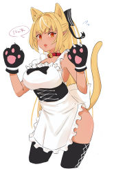Rule 34 | 1girl, animal ears, animal hands, apron, bell, black bow, black thighhighs, blonde hair, bow, breasts, cat ears, cat girl, cat tail, collar, contrapposto, corset, dark-skinned female, dark skin, elf, fang, flying sweatdrops, frilled apron, frills, gradient eyes, hair bow, hair intakes, high ponytail, highres, hololive, jingle bell, large breasts, long hair, looking at viewer, multicolored eyes, multicolored hair, naked apron, neck bell, open mouth, orange eyes, paw pose, pointy ears, red collar, red eyes, sasaki (glass1138), shiranui flare, simple background, solo, speech bubble, streaked hair, tail, thighhighs, very long hair, virtual youtuber, white apron, white background, white hair