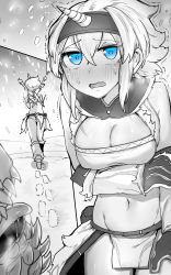 Rule 34 | 1girl, absurdres, blue eyes, blush, breasts, character request, cleavage, cold, cowboy shot, footprints, gloves, hairband, highres, horns, kirin (armor), looking at viewer, medium hair, midriff, monster hunter (series), navel, niwarhythm, open mouth, pelvic curtain, sidelocks, single horn, snowing, solo, spot color, stomach, trembling