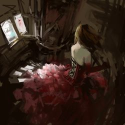 Rule 34 | 1girl, bare back, bare shoulders, corset, dress, elbow gloves, frilled dress, frills, gloves, long hair, nyanpe, orange hair, original, pillar, red dress, red gloves, sketch, sleeveless, sleeveless dress, solo, spiral staircase, stairs, window