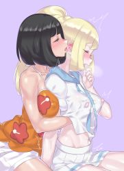 Rule 34 | 2girls, bare shoulders, between breasts, black hair, blonde hair, blush, breasts, closed eyes, clothes lift, collarbone, covered erect nipples, creatures (company), ear blush, ear licking, from side, game freak, grabbing, grabbing another&#039;s breast, grabbing from behind, groping, heavy breathing, highres, licking, lillie (pokemon), medium breasts, mizuumi (bb), moaning, multiple girls, navel, nintendo, nipple stimulation, nipple tweak, no bra, open mouth, pleated skirt, pokemon, pokemon usum, ponytail, school uniform, selene (pokemon), selene (pokemon usum), serafuku, shirt lift, short hair, shorts, sitting, skirt, tank top, tongue, tongue out, trembling, yuri