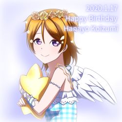 Rule 34 | 1girl, artist name, artist request, bare shoulders, blush, breasts, brown eyes, brown hair, checkered clothes, checkered shirt, cleavage, collarbone, dress, feathered wings, female focus, flower wreath, grey dress, hair between eyes, hair ornament, hairpin, happy, headdress, heart, holding, holding pillow, jewelry, koizumi hanayo, layered dress, love live!, love live! school idol festival, love live! school idol project, pillow, purple eyes, ribbon, see-through, shirt, short dress, short hair, sleeveless, sleeveless dress, smile, solo, star-shaped pillow, tattoo, teejohn3, twintails, white wings, wings, x hair ornament