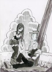Rule 34 | 1boy, 1girl, armor, bare shoulders, black skirt, black thighhighs, blanket, boots, breasts, buster sword, closed eyes, closed mouth, cloud, cloud strife, crop top, crossed arms, elbow gloves, final fantasy, final fantasy vii, final fantasy vii remake, fingerless gloves, full body, gloves, greyscale, highres, holding, holding blanket, hugo artist, long hair, looking at another, medium breasts, midriff, monochrome, navel, planted, planted sword, planted weapon, shoulder armor, single bare shoulder, single sidelock, sitting, skirt, sleeping, sleeveless, sleeveless turtleneck, smile, spiked hair, square enix, standing, suspender skirt, suspenders, sweater, sword, tank top, thighhighs, tifa lockhart, traditional media, turtleneck, turtleneck sweater, weapon, white tank top, zettai ryouiki