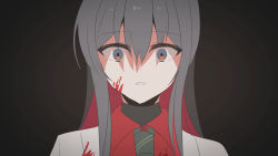 Rule 34 | 1girl, arknights, bad id, bad pixiv id, black background, black hair, black neckwear, blood, blood on clothes, blood on face, blue eyes, chihuri, collared shirt, diagonal-striped clothes, diagonal-striped necktie, diagonal-striped neckwear, dress shirt, hair between eyes, highres, jacket, long hair, multicolored hair, necktie, parted lips, red hair, red shirt, shirt, solo, striped clothes, striped neckwear, texas (arknights), two-tone hair, upper body, white jacket
