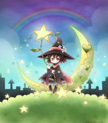 Rule 34 | 1girl, artist name, black dress, black hair, black hat, chibi, cloud, crescent, dress, flower, hat, hat flower, heart, long sleeves, looking at viewer, orange lore, original, overgrown, plant, rainbow, red eyes, red scarf, scarf, short hair, smile, solo, star (symbol), wand, water drop, witch, witch hat