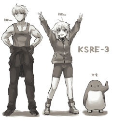 Rule 34 | 1boy, 1girl, :d, animal, antenna hair, arms up, bare arms, bare shoulders, bike shorts, bird, blush, brother and sister, closed mouth, clothes around waist, collarbone, commentary request, gloves, greyscale, hair between eyes, hands on own hips, height, highres, hijikata-san (m.m), koshirae kenji, koshirae tsurugi (m.m), long sleeves, m.m, monochrome, open mouth, original, pants, penguin, puffy long sleeves, puffy sleeves, shadow, shoes, siblings, simple background, sleeves past wrists, smile, socks, tank top, translation request, white background