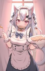 Rule 34 | 1girl, alternate costume, animal ear fluff, animal ears, apron, backlighting, bell, black dress, blush, breasts, cat ears, cat girl, cat tail, cleavage, commentary request, curtains, dress, enmaided, food, food in mouth, food on face, frilled apron, frills, grey hair, highres, holding, holding tray, hololive, horns, jingle bell, kemonomimi mode, long hair, looking at viewer, maid, maid headdress, medium breasts, mouth hold, multicolored hair, nakiri ayame, oni, puffy short sleeves, puffy sleeves, red eyes, red hair, short sleeves, skin-covered horns, solo, starfox1015, streaked hair, tail, taiyaki, teapot, transparent, tray, very long hair, virtual youtuber, wagashi, white apron, window, wrist cuffs