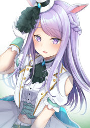 Rule 34 | 1girl, absurdres, adjusting clothes, adjusting headwear, animal ears, arm up, blush, braid, clothing cutout, french braid, gloves, hands up, hat, highres, horse ears, horse girl, jacket, light purple hair, long hair, mejiro mcqueen (end of sky) (umamusume), mejiro mcqueen (umamusume), mini hat, mini top hat, miyagi ratona, navel cutout, official alternate costume, parted lips, purple eyes, short sleeves, shoulder cutout, simple background, solo, swept bangs, top hat, umamusume, upper body, white background, white gloves, white hat, white jacket