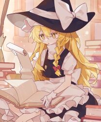 Rule 34 | 1girl, apron, black hat, black vest, blonde hair, book, bow, braid, broom, commentary, gloves, hat, hat bow, highres, holding, holding book, indoors, kirisame marisa, looking at viewer, marisa day, open mouth, reading, sanba1 icecream, short sleeves, side braid, single braid, sitting, solo, symbol-only commentary, touhou, vest, white apron, white bow, white gloves, yellow eyes