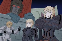 Rule 34 | 1980s (style), 2boys, 2girls, armor, armored dress, artoria pendragon (all), artoria pendragon (fate), blonde hair, breastplate, breasts, crossover, decepticon, fate (series), full armor, gauntlets, gawain (fate), holding, holding sword, holding weapon, insignia, kamizono (spookyhouse), knight, looking at viewer, machine, machinery, mecha, multiple boys, multiple girls, night, night sky, oldschool, open mouth, outdoors, parody, personification, red eyes, retro artstyle, robot, saber alter, sky, smile, star (sky), starry sky, starscream, style parody, sword, transformers, weapon, yellow eyes