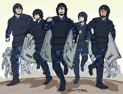 Rule 34 | 6+boys, :d, ^ ^, amuro tooru, ballistic shield, black footwear, black hair, black headwear, blonde hair, blue pants, blue shirt, brown hair, bulletproof vest, closed eyes, collared shirt, commentary request, date wataru, facing another, facing viewer, gloves, grin, hagiwara kenji, hair between eyes, happy, helmet, holding, holding shield, indesign, knee pads, leg up, long sleeves, looking back, male focus, matsuda jinpei, meitantei conan, multiple boys, o3o, open mouth, pants, people, police, police uniform, policeman, riot shield, running, scotch (meitantei conan), shadow, shield, shirt, shoes, short hair, signature, simple background, smile, sweatdrop, tactical clothes, teeth, thick eyebrows, turn pale, uniform, upper teeth only, white gloves