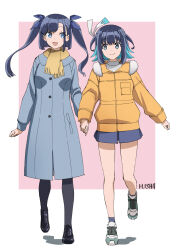 Rule 34 | 16bit sensation, 2girls, akisato konoha, black hair, blue eyes, blue hair, coat, fur collar, highres, holding hands, ishii hisao, jacket, long hair, looking at another, multicolored hair, multiple girls, open mouth, pantyhose, scarf, shoes, short hair, skirt, smile, sneakers, twintails, two-tone hair, yamada touya