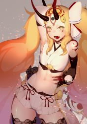 Rule 34 | 1girl, black gloves, black thighhighs, blonde hair, bow, commentary request, elbow gloves, facial mark, fang, fate/grand order, fate (series), fingernails, forehead mark, gloves, gradient hair, hair bow, hair ornament, hand on own hip, horns, ibaraki douji (fate), ibaraki douji (fate/grand order), ibaraki douji (swimsuit lancer) (fate), ibaraki douji (swimsuit lancer) (third ascension) (fate), japanese clothes, long hair, looking at viewer, mirukia, multicolored hair, navel, oni, oni horns, open mouth, pink hair, sharp fingernails, solo, stomach, tattoo, thighhighs, twintails, very long hair, white bow, yellow eyes