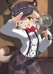 Rule 34 | 1girl, blush, bow, bowtie, brown hair, cabbie hat, center frills, commission, cowboy shot, ears through headwear, eurasian lynx (kemono friends), frilled sleeves, frills, glasses, grey pants, hat, highres, kemono friends, kemono friends 3, koutsuu (koutuukanseikan), long sleeves, lynx ears, lynx girl, lynx tail, magnifying glass, official alternate costume, one eye closed, open mouth, pants, pixiv commission, plaid, plaid pants, puffy sleeves, red bow, red bowtie, salute, semi-rimless eyewear, shirt, short hair, smile, solo, sparks, suspenders, white shirt, yellow eyes