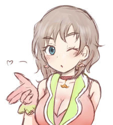 Rule 34 | 10s, 1girl, :o, ;o, bad id, bad pixiv id, bare shoulders, blue eyes, blush, breasts, brown hair, choker, cleavage, collarbone, earrings, eyebrows, eyelashes, freckles, gloves, heart, idolmaster, idolmaster cinderella girls, jewelry, kate (idolmaster), large breasts, looking at viewer, ohagiko, one eye closed, pink gloves, shirt, short hair, simple background, sleeping, sleeveless, sleeveless shirt, solo, spoken heart, thick eyebrows, upper body, white background