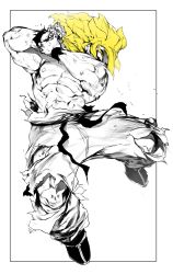 Rule 34 | 1boy, abs, absurdres, blonde hair, dougi, dragon ball, dragonball z, greyscale, highres, male focus, monochrome, muscular, nipples, niwarhythm, pants, pectorals, simple background, solo, son goku, spiked hair, spot color, super saiyan, super saiyan 1, topless male, torn clothes, torn pants, yellow eyes
