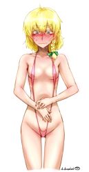 Rule 34 | 1girl, bikini, blonde hair, blush, bow, braid, breasts, collarbone, didloaded, embarrassed, full-face blush, gluteal fold, green eyes, hair bow, kirisame marisa, short hair, simple background, slingshot swimsuit, small breasts, solo, standing, sweatdrop, swimsuit, touhou, white background
