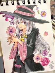 Rule 34 | 1girl, bird, black skirt, dated, elaina (majo no tabitabi), flower, grey hair, hat, hat ribbon, highres, long hair, looking to the side, majo no tabitabi, neck ribbon, nigatsumikka, open clothes, open robe, own hands together, penguin, photo (medium), purple eyes, ribbon, robe, signature, skirt, smile, solo, traditional media, wide sleeves, witch hat, yellow ribbon