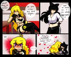 Rule 34 | 2girls, ahoge, animal ears, arms around another&#039;s neck, arms around neck, arms behind back, artist request, belt, belt buckle, black bow, black hair, black ribbon, blake belladonna, blonde hair, blush, bow, breasts, buckle, chair, cleavage, closed eyes, closed mouth, collarbone, couple, english text, facing another, fingerless gloves, floor, gloves, grin, hair bow, hair ornament, hair ribbon, hand up, happy, heart, heart-shaped pupils, highres, hug, indoors, jacket, large breasts, laughing, long hair, looking at another, medium breasts, messy hair, midriff, multiple girls, navel, one eye closed, pants, parted lips, purple eyes, ribbon, room, rwby, sitting, smile, speech bubble, standing, symbol-shaped pupils, table, talking, teeth, wink, yang xiao long, yellow eyes, yuri, zipper