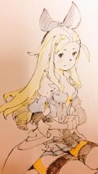 Rule 34 | 1girl, ahoge, blonde hair, bow, bravely default (series), breasts, cleavage, commentary request, dress, edea lee, gloves, hair bow, long hair, nanpou (nanpou0021), skirt, smile, solo, thighhighs