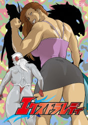 Rule 34 | abstract background, arched back, armband, armor, ass, back, back cutout, bikini, bikini armor, blank eyes, breasts, brown hair, clenched hand, clothing cutout, colored skin, cover, dual persona, earrings, extra lady, extra lady (series), fingerless gloves, fist pump, giant, giant monster, giantess, gloves, grey eyes, grey skin, grin, halterneck, headpiece, highleg, highleg bikini, highres, jewelry, large breasts, lipstick, long hair, looking back, makeup, miniskirt, monster, mousou tokusatsu series ultramadam, muscular, muscular female, nappii (nappy happy), necklace, ohtori ryuko, shiny skin, sideboob, sideways glance, silhouette, single earring, skirt, smile, smirk, swept bangs, swimsuit, thick thighs, thigh strap, thighs, title, white hair, yellow eyes