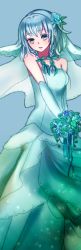 Rule 34 | 1girl, alternate costume, bad id, bad pixiv id, blue eyes, blue flower, blue rose, bouquet, braid, bridal veil, bride, dress, elbow gloves, flower, gloves, hair ornament, hair ribbon, highres, holding, holding flower, izayoi sakuya, jewelry, looking at viewer, off shoulder, parted lips, ribbon, rose, short hair, silver hair, smile, solo, touhou, tress ribbon, twin braids, veil, wedding dress, white dress