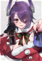 Rule 34 | 1girl, black gloves, blush, bottle, breasts, brown eyes, cleavage, eyepatch, fang, gloves, hair over one eye, highres, holding, holding bottle, kantai collection, large breasts, long sleeves, looking at viewer, mizoredama1, parted lips, purple hair, santa costume, short hair, single glove, smile, solo, tenryuu (kancolle), upper body, wine bottle