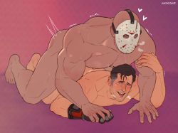 Rule 34 | 2boys, ahegao, anal, ashley j williams, bad id, bad twitter id, bald, bara, blush, breath, completely nude, dark-skinned male, dark skin, friday the 13th, full body, highres, jason voorhees, large pectorals, lying, macho juice, male focus, male penetrated, mask, multiple boys, muscular, muscular male, nude, old, old man, on stomach, pectoral press, pectorals, prone bone, sex, sex from behind, short hair, sideburns, sweat, thick thighs, thighs, topless male, wrinkled skin, yaoi