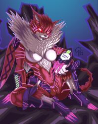 Rule 34 | + +, 10s, 1girl, absurdres, armor, breasts, claws, digimon, digimon adventure tri., fangs, fur collar, furry, furry female, glowing, glowing markings, highres, large breasts, meicrackmon vicious mode, navel, neon trim, red eyes, sacrificabominat, sharp nails, shoulder armor, thighs, wide hips