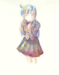 Rule 34 | 1girl, ^ ^, absurdres, black skirt, blue hair, closed eyes, facing viewer, finger to mouth, goshiki agiri, grey jacket, highres, jacket, kill me baby, long hair, necktie, pleated skirt, shirt, simple background, skirt, smile, solo, twingle (keikyu210001), white background, white shirt