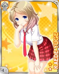 Rule 34 | 1girl, blonde hair, blue eyes, card, character name, closed mouth, girlfriend (kari), hand on own face, leaning forward, long sleeves, necktie, official art, plaid, plaid skirt, qp:flapper, red necktie, red skirt, school uniform, shirt, skirt, smile, solo, tagme, white shirt, yellow background, yuge kaede