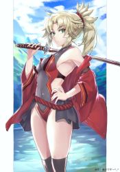 Rule 34 | 1girl, blonde hair, fate/grand order, fate (series), green eyes, keisuke desu~, mordred (fate), mordred (fate/apocrypha), one-piece swimsuit, swimsuit, sword, weapon
