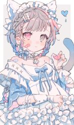 Rule 34 | 1girl, bandaid, bandaid on face, blue bow, bow, braid, broken heart, cat tail, cross, cross necklace, dress, grey eyes, grey hair, hair ornament, heart, heterochromia, highres, jewelry, jikuno, maid headdress, necklace, off shoulder, original, pink eyes, simple background, solo, tail, white dress, wrist cuffs