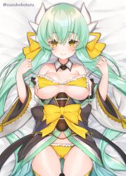 Rule 34 | 1girl, aqua hair, bare shoulders, bed, bed sheet, bikini, bikini pull, blush, bow, breasts, breasts apart, closed mouth, clothes pull, commentary, detached collar, fate/grand order, fate (series), gluteal fold, green hair, hair between eyes, hair bow, horns, kiyohime (fate), kiyohime (fate/grand order), kiyohime (swimsuit lancer) (fate), kiyohime (swimsuit lancer) (first ascension) (fate), large breasts, long hair, looking at viewer, lying, obi, on back, sash, smile, solo, suzuho hotaru, swimsuit, thigh gap, thighs, underboob, very long hair, yellow bikini, yellow bow, yellow eyes