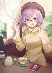Rule 34 | 1girl, alternate costume, beret, breasts, cafe, casual, cup, curtains, digital media player, earbuds, earphones, fate/grand order, fate (series), glasses, hair over one eye, half-closed eyes, hands up, haru (hiyori-kohal), hat, holding, indoors, ipod, light purple hair, looking at viewer, mash kyrielight, medium breasts, notebook, open mouth, purple eyes, ribbed sweater, saucer, short hair, sitting, smile, solo, sweater, teacup, teapot, turtleneck, turtleneck sweater, waving