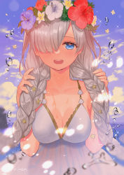 Rule 34 | 1girl, anastasia (fate), anastasia (swimsuit archer) (fate), anastasia (swimsuit archer) (second ascension) (fate), bare shoulders, beach, blue eyes, blue sky, blush, braid, breasts, cleavage, collarbone, dress, dress swimsuit, fate/grand order, fate (series), flower wreath, hair over one eye, head wreath, highres, large breasts, long hair, looking at viewer, open mouth, rinen, silver hair, sky, smile, solo, twin braids, very long hair, water drop, white dress