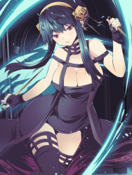 Rule 34 | 1girl, bare shoulders, black dress, black hair, black thighhighs, breasts, cleavage, commentary, dress, dual wielding, fingerless gloves, flower, gloves, gold hairband, hair flower, hair ornament, hairband, holding, holding weapon, large breasts, lips, looking at viewer, maki (seventh heaven maxion), parted lips, red eyes, rose, short hair, short hair with long locks, solo, spy x family, thighhighs, weapon, yor briar