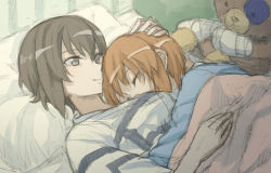 Rule 34 | 10s, 2girls, bandages, boko (girls und panzer), brown eyes, brown hair, cosmic (crownclowncosmic), girls und panzer, hand on another&#039;s head, highres, multiple girls, nishizumi maho, nishizumi miho, pillow, siblings, sisters, sketch, sleeping, smile, stuffed animal, stuffed toy, teddy bear
