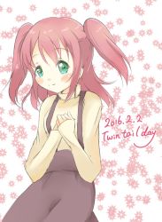 Rule 34 | 10s, 1girl, blush, dated, floral background, green eyes, hands on own chest, kurosawa ruby, long sleeves, looking at viewer, love live!, love live! school idol festival, love live! school idol project, love live! sunshine!!, own hands together, red hair, sanpo, skirt, smile, solo, suspender skirt, suspenders, twintails, twintails day, two side up
