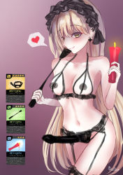 Rule 34 | 1girl, absurdres, artist name, bdsm, black bra, black panties, blonde hair, blush, bra, breasts, brown eyes, candle, cleavage, collarbone, cross, cross earrings, dildo, dominatrix, earrings, femdom, girls&#039; frontline, hairband, heart, heart print, highres, holding, holding candle, holding whip, jewelry, long hair, looking at viewer, martinreaction, navel, panties, ppk (girls&#039; frontline), purple background, sadism, sex toy, small breasts, smile, solo, stomach, strap-on, underwear, whip